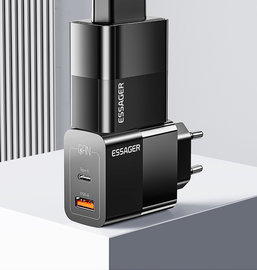 ESSAGER 33W GaN Charger, USB-A + Type-C, PD 3.0 QC 3.0 Fast Charging, Intelligent Charging Protection, for iPhone iPad Xiaomi Mobile Phone Tablet, EU Plug - Black