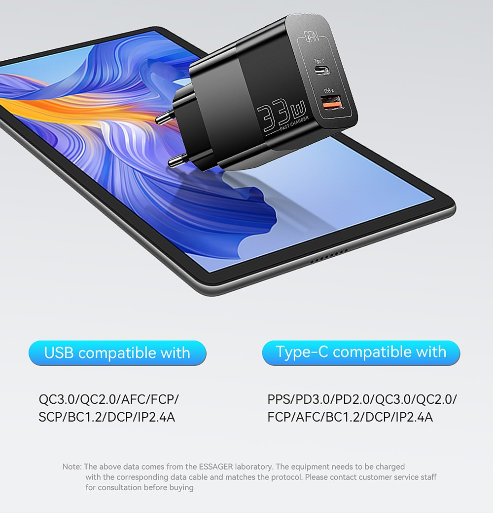 ESSAGER 33W GaN Charger, USB-A + Type-C, PD 3.0 QC 3.0 Fast Charging, Intelligent Charging Protection, for iPhone iPad Xiaomi Mobile Phone Tablet, EU Plug - Black