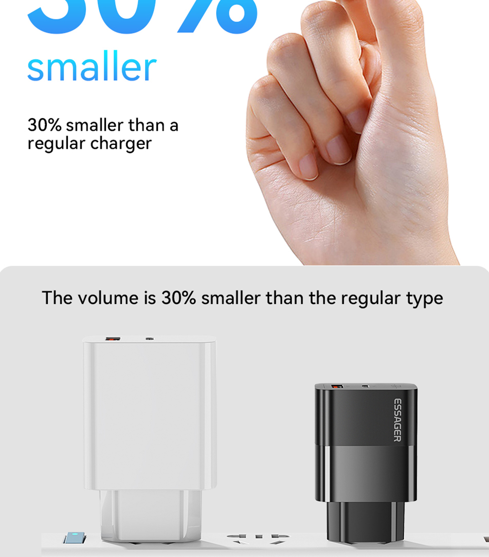 ESSAGER 33W GaN Charger, USB-A + Type-C, PD 3.0 QC 3.0 Fast Charging, Intelligent Charging Protection, for iPhone iPad Xiaomi Mobile Phone Tablet, EU Plug - Black