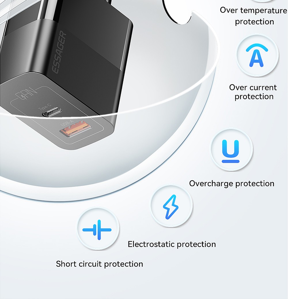 ESSAGER 33W GaN Charger, USB-A + Type-C, PD 3.0 QC 3.0 Fast Charging, Intelligent Charging Protection, for iPhone iPad Xiaomi Mobile Phone Tablet, EU Plug - Black