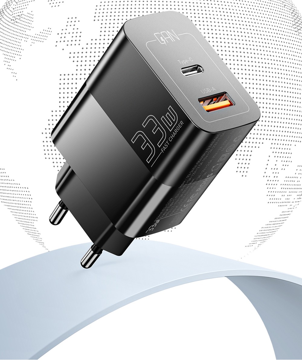 ESSAGER 33W GaN Charger, USB-A + Type-C, PD 3.0 QC 3.0 Fast Charging, Intelligent Charging Protection, for iPhone iPad Xiaomi Mobile Phone Tablet, EU Plug - Black