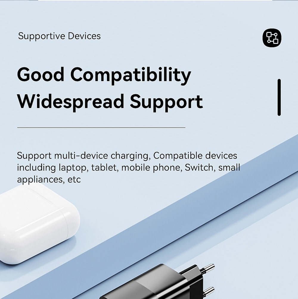 ESSAGER 33W GaN Charger, USB-A + Type-C, PD 3.0 QC 3.0 Fast Charging, Intelligent Charging Protection, for iPhone iPad Xiaomi Mobile Phone Tablet, EU Plug - Black