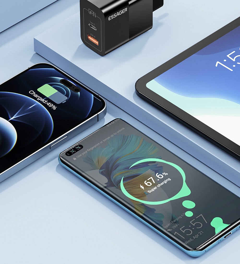 ESSAGER 33W GaN Charger, USB-A + Type-C, PD 3.0 QC 3.0 Fast Charging, Intelligent Charging Protection, for iPhone iPad Xiaomi Mobile Phone Tablet, EU Plug - Black