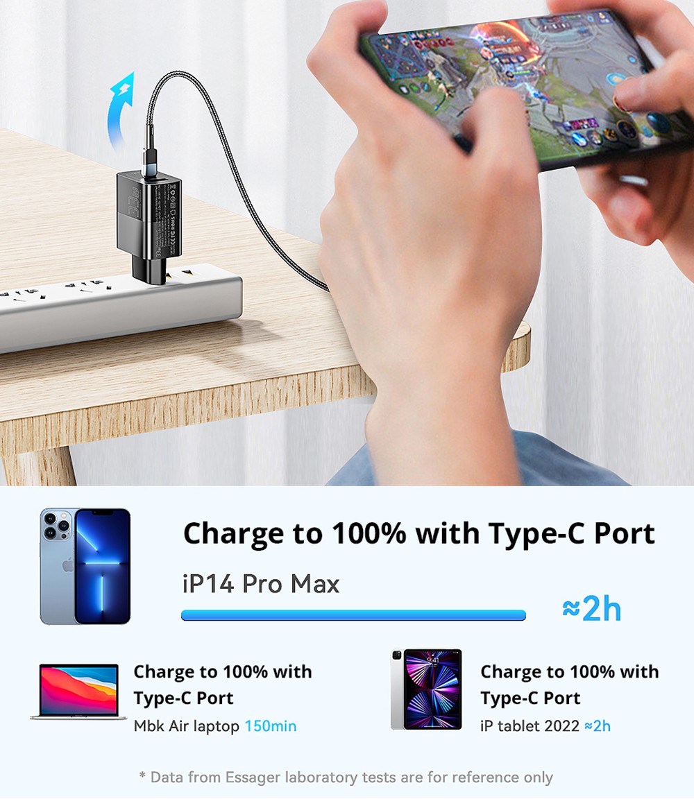 ESSAGER 33W GaN Charger, USB-A + Type-C, PD 3.0 QC 3.0 Fast Charging, Intelligent Charging Protection, for iPhone iPad Xiaomi Mobile Phone Tablet, EU Plug - Black