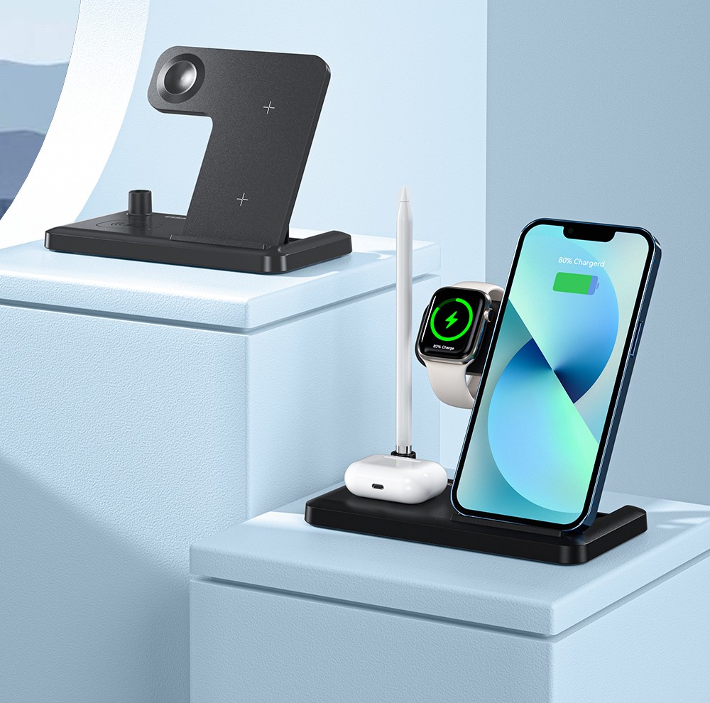 ESSAGER 4 in 1 Desktop Wireless Charger Phone Stand, PD 15W Fast Charging, for iPhone 15 / Huawei / Samsung / Apple Watch Pencil / Airpods