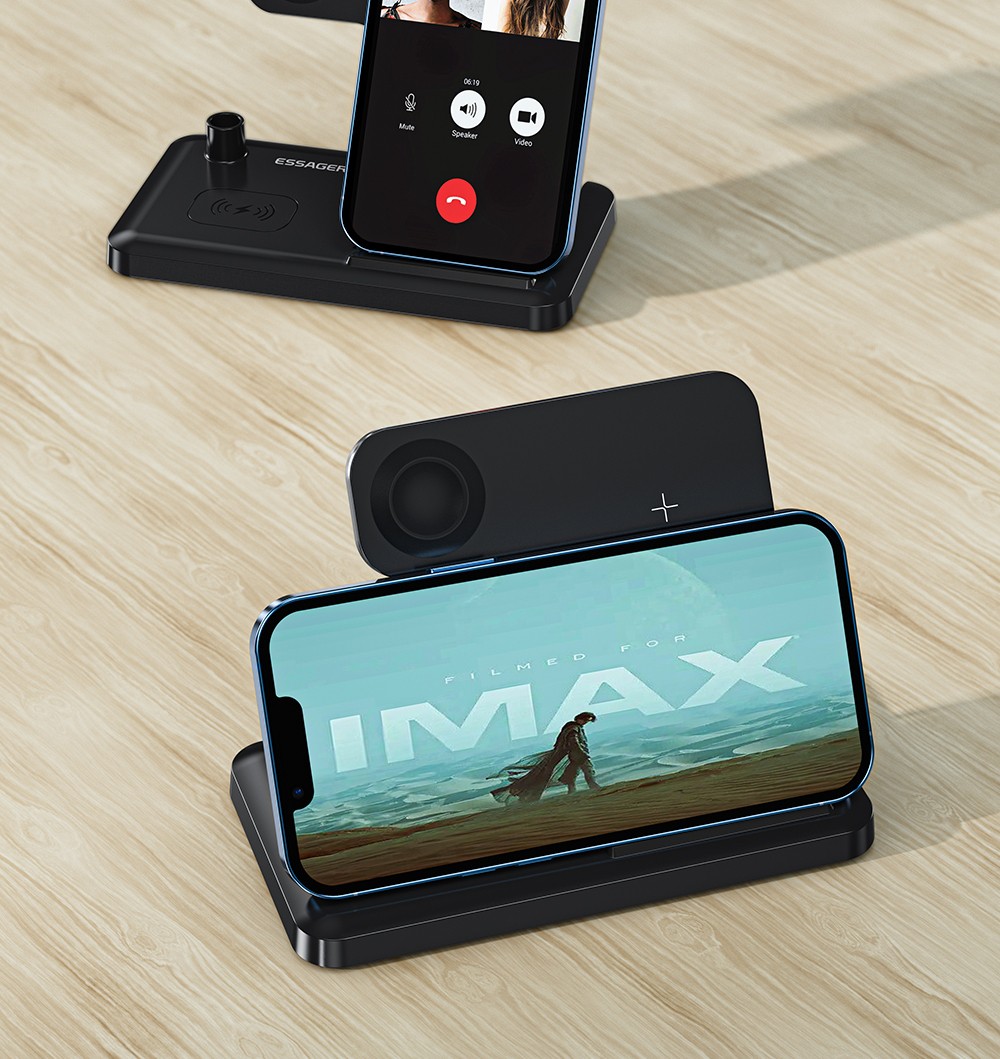 ESSAGER 4 in 1 Desktop Wireless Charger Phone Stand, PD 15W Fast Charging, for iPhone 15 / Huawei / Samsung / Apple Watch Pencil / Airpods