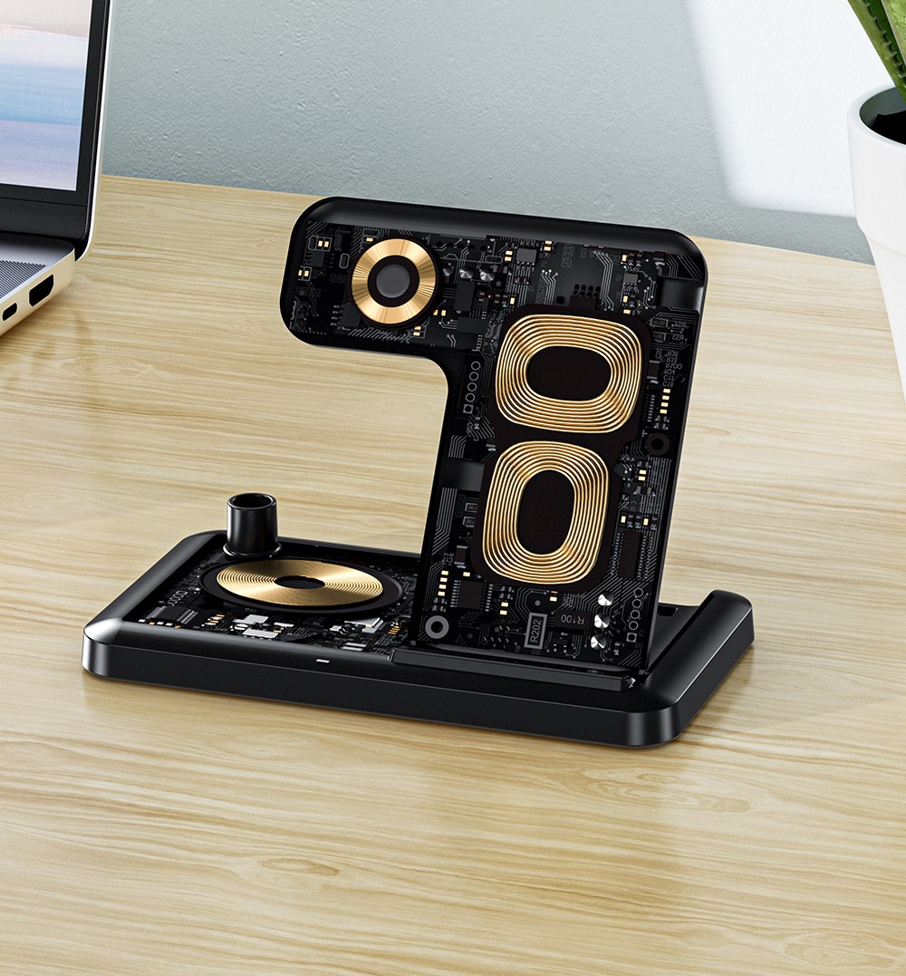 ESSAGER 4 in 1 Desktop Wireless Charger Phone Stand, PD 15W Fast Charging, for iPhone 15 / Huawei / Samsung / Apple Watch Pencil / Airpods