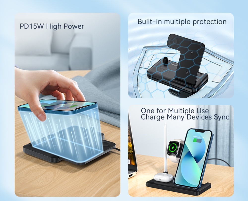 ESSAGER 4 in 1 Desktop Wireless Charger Phone Stand, PD 15W Fast Charging, for iPhone 15 / Huawei / Samsung / Apple Watch Pencil / Airpods