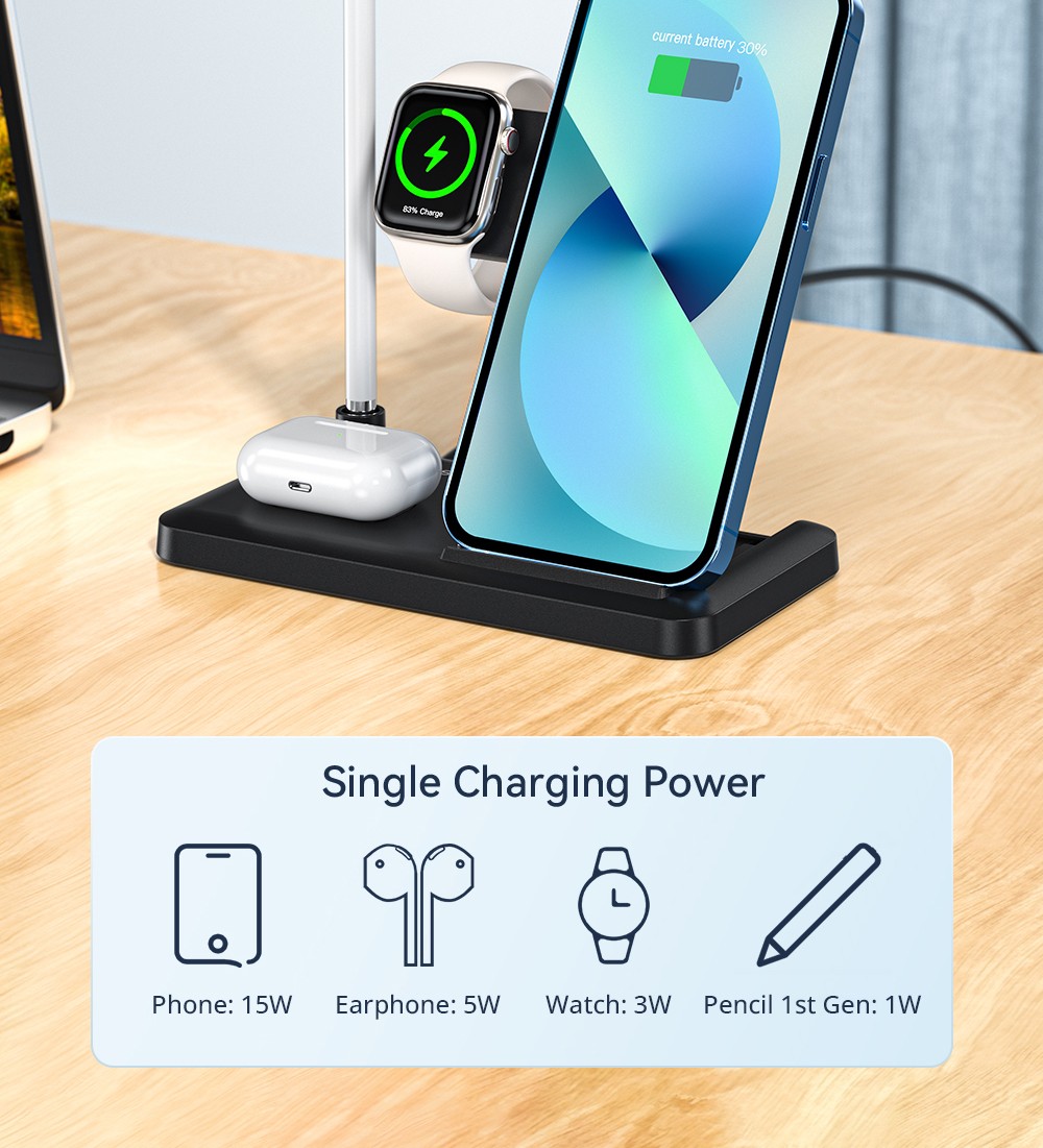 ESSAGER 4 in 1 Desktop Wireless Charger Phone Stand, PD 15W Fast Charging, for iPhone 15 / Huawei / Samsung / Apple Watch Pencil / Airpods