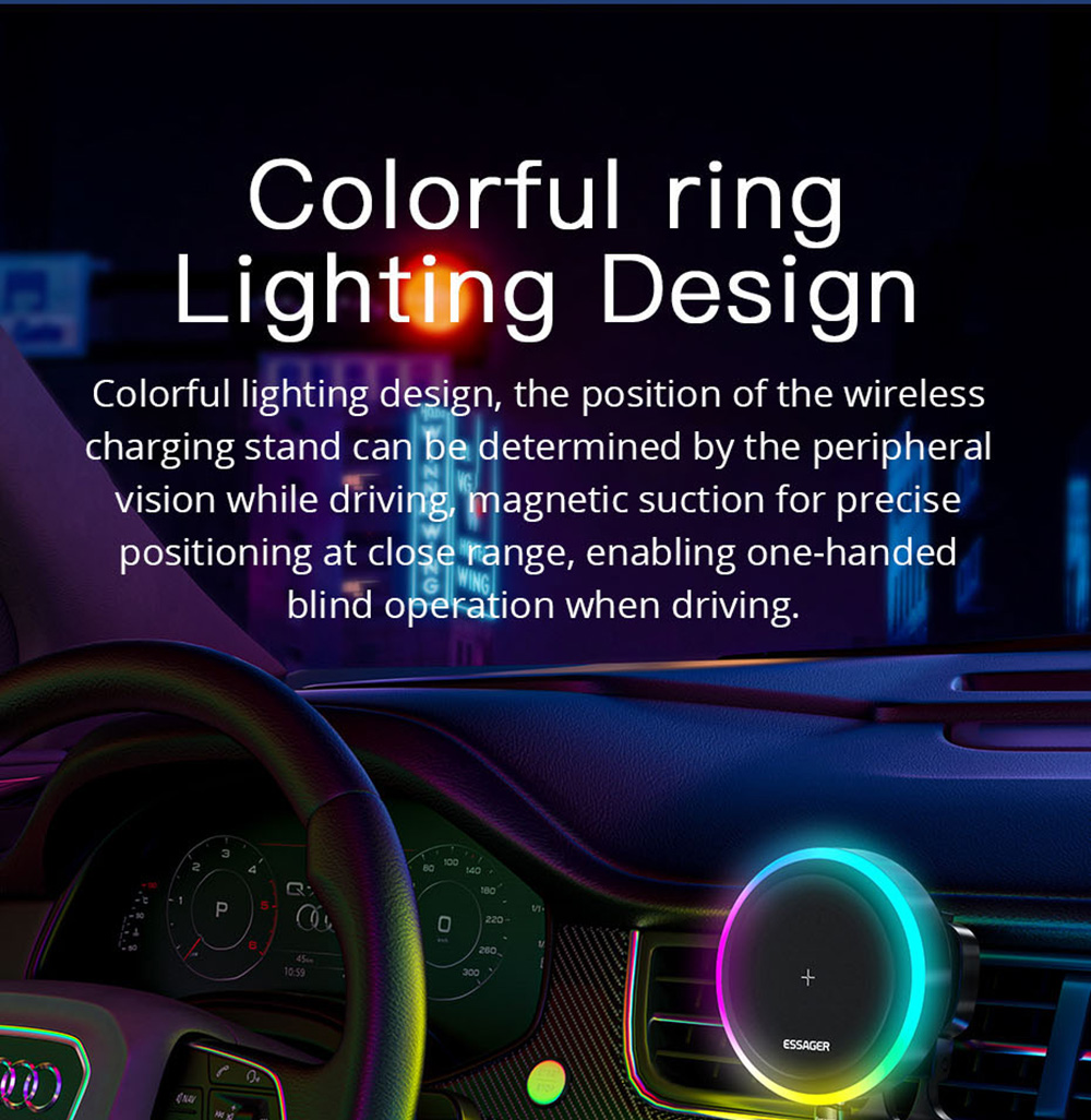 ESSAGER Qi 15W RGB Magnetic Car Phone Holder Wireless Charger for iPhone 14 13 Pro Max Samsung Universal - Air Outlet Type