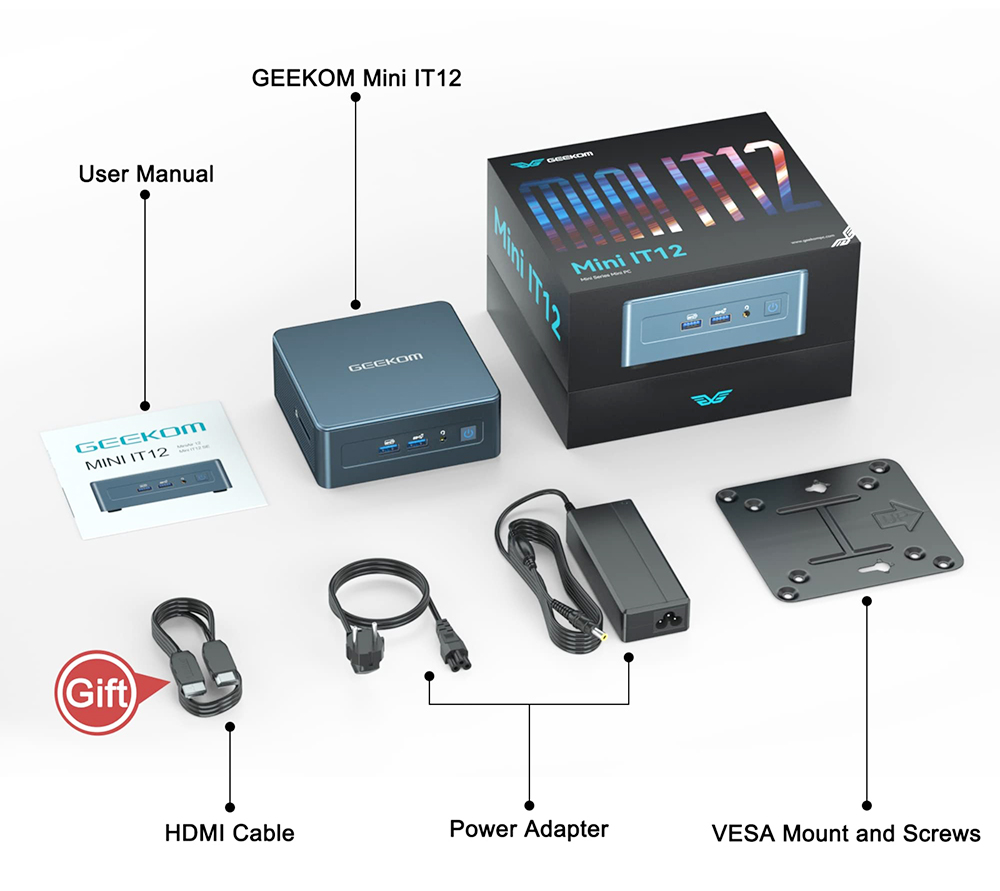 GEEKOM IT12 Mini PC, Intel i5-12450H 8 jadier až 4.40 GHz, 16 GB RAM 512 GB SSD, 2*USB 4 2*HDMI 2.0 8K+4K Quad Screen Display, WiFi 6E Bluetooth 5.2, 3*USB 3.2 1*USB 2.0 1*Čítačka kariet SD 1*2,5 Gb/s LAN 1*3,5 mm Jack pre slúchadlá