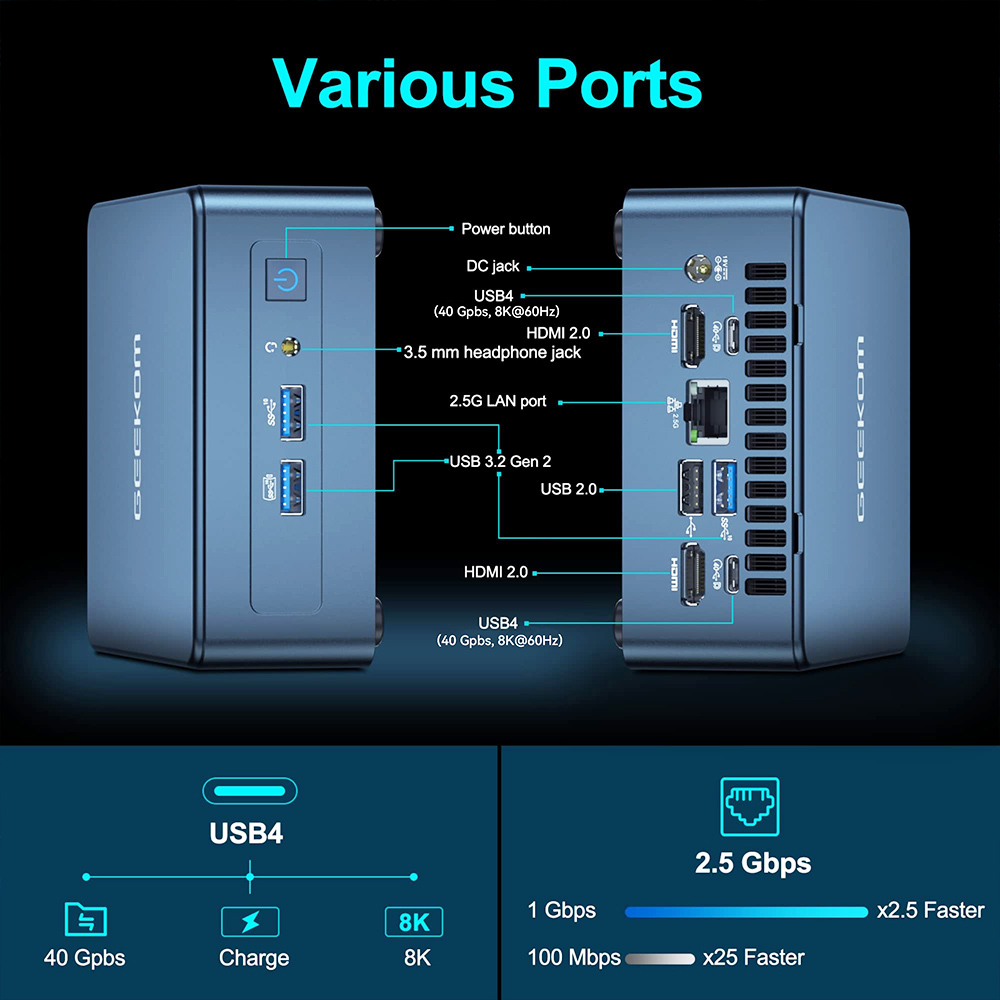 GEEKOM IT12 Mini PC, Intel i7-12650H 10 jadier až 4.70 GHz, 32 GB RAM 1 TB SSD, WiFi 6E Bluetooth 5.2, 2*USB 4 2*HDMI 2.0 8K+4K Quad Screen Display, 3*USB 3.2 1*USB 2.0 1*Čítačka kariet SD 1*2,5Gbps LAN 1*3.5 mm konektor pre slúchadlá