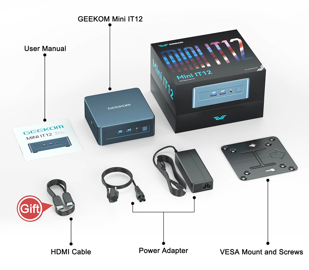 GEEKOM IT12 Mini PC, Intel i7-12650H 10 jadier až 4.70 GHz, 32 GB RAM 1 TB SSD, WiFi 6E Bluetooth 5.2, 2*USB 4 2*HDMI 2.0 8K+4K Quad Screen Display, 3*USB 3.2 1*USB 2.0 1*Čítačka kariet SD 1*2,5 Gb/s LAN 1*3,5 mm Jack pre slúchadlá