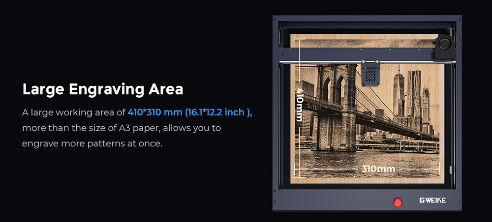 Gweike G1 10W Laser Engraver Cutter, Air Assist, 0.08x0.06mm Laser Spot, 400mm/s Speed, 0.01mm Engraving Accuracy, Support Lightburn, 410x310mm