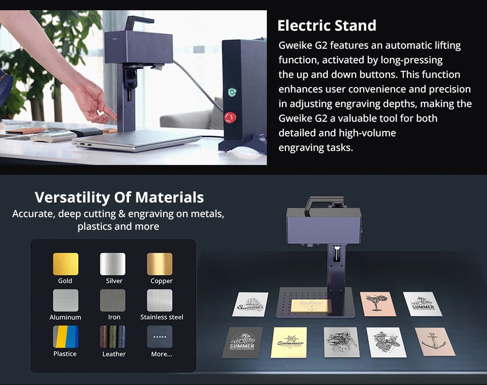 Gweike G2 20W Laser Engraver Electric Lift Edition, Max 15000mm/s Engraving Speed, 0.001mm Accuracy, HD 8K Resolution, Air Cooling, Android/iOS App Connection, 150x150mm