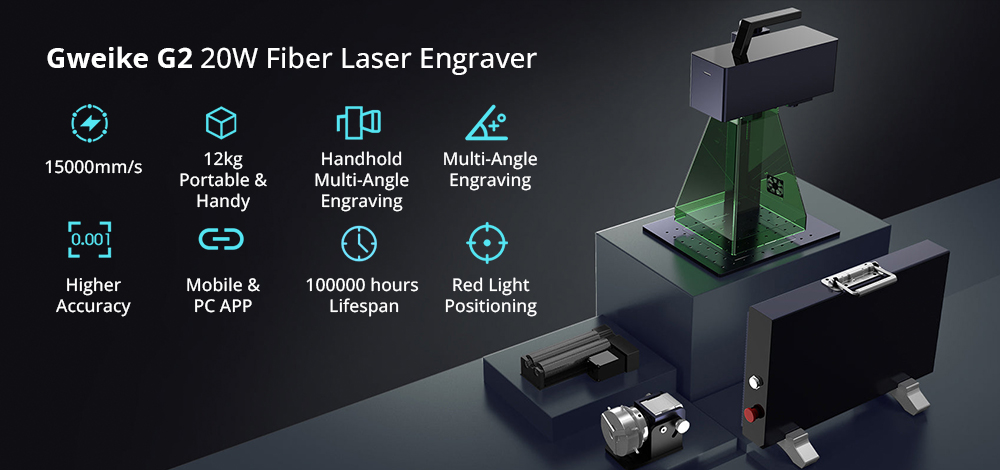Graveur laser Gweike G2 20 W,  édition manuelle,  vitesse de gravure maximale de 15000 0.001 mm/s,  précision de 8 mm,  résolution HD 110K,  refroidissement par air,  connexion application Android/iOS,  110 x XNUMX mm