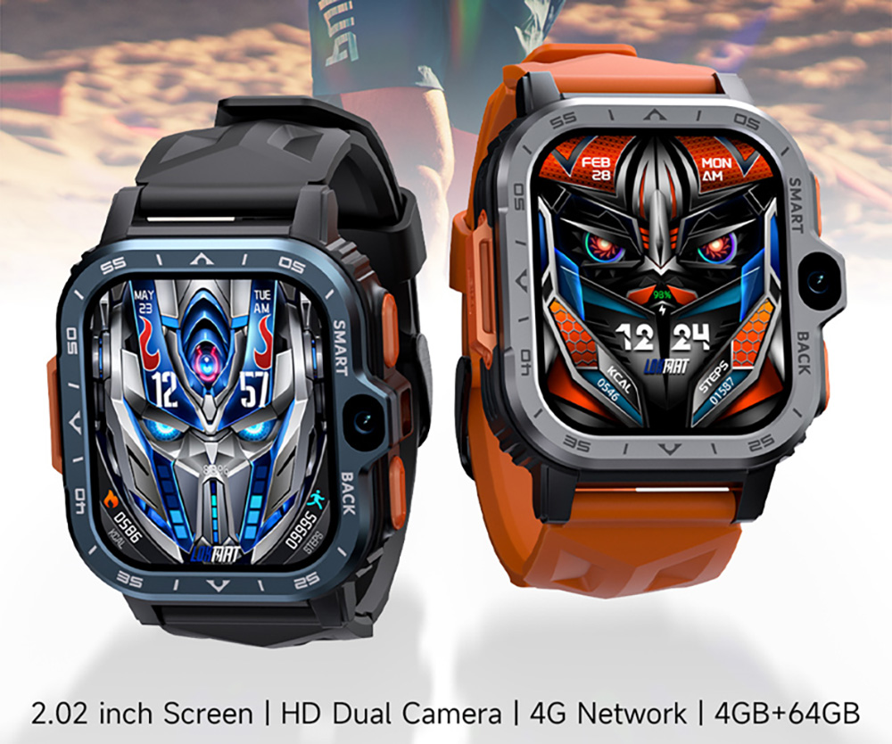 LOKMAT APPLLP 4 MAX Android Smartwatch Fitness Tracker, 2.02'' TFT Touch Screen, 4GB RAM 64GB ROM, Dual Camera - Orange