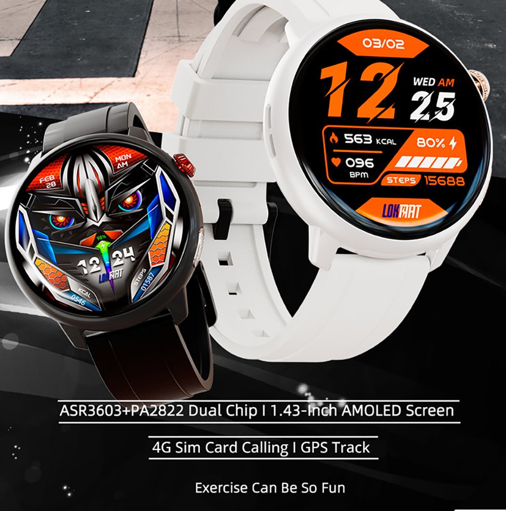 LOKMAT SKY GT Smartwatch Heart Rate Monitor, 1.43'' AMOLED LCD Screen, 4G Calling, Bluetooth 5.0, GPS Position - Black