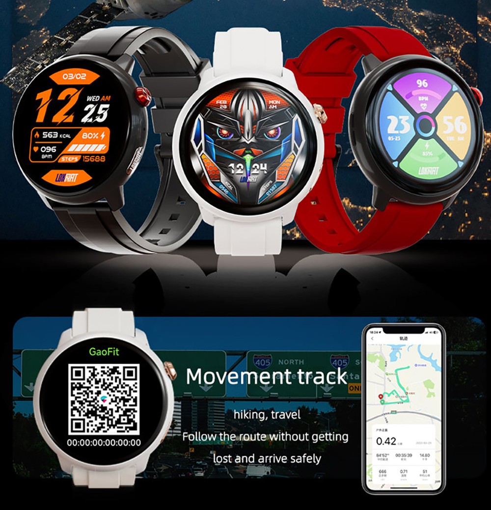 LOKMAT SKY GT Smartwatch Heart Rate Monitor, 1.43'' AMOLED LCD Screen, 4G Calling, Bluetooth 5.0, GPS Position - Black