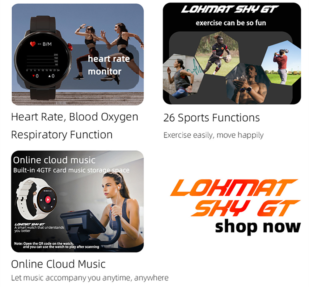 LOKMAT SKY GT Smartwatch Heart Rate Monitor, 1.43'' AMOLED LCD Screen, 4G Calling, Bluetooth 5.0, GPS Position - Black