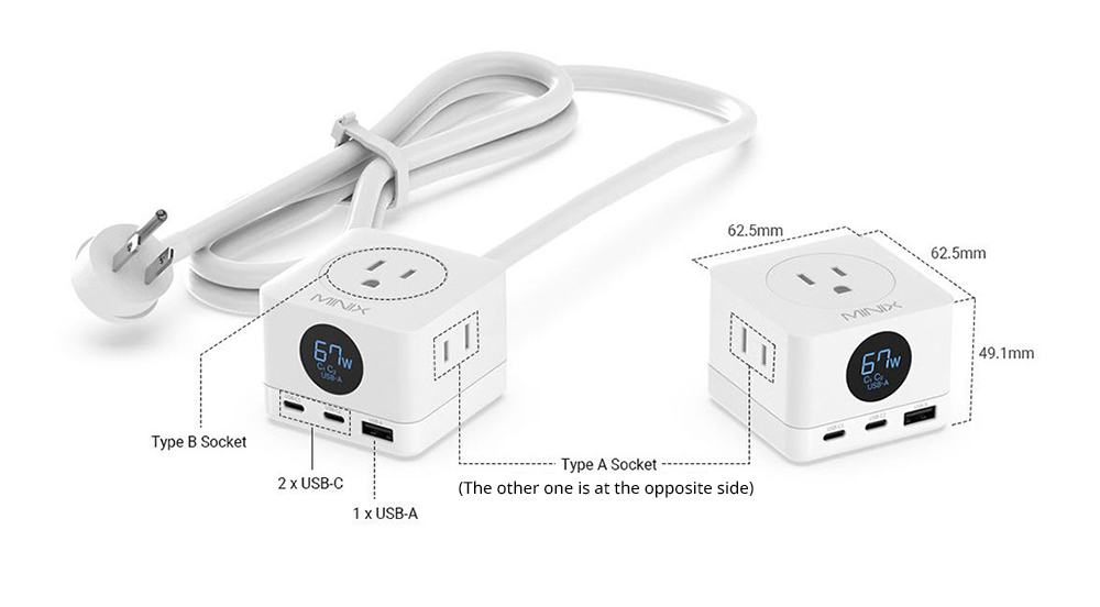MINIX 6-in-1 Power Strip GaN Power Charger, 2*USB-C+1*USB-A Fast Charging Ports, 3*US AC Outputs - US Plug