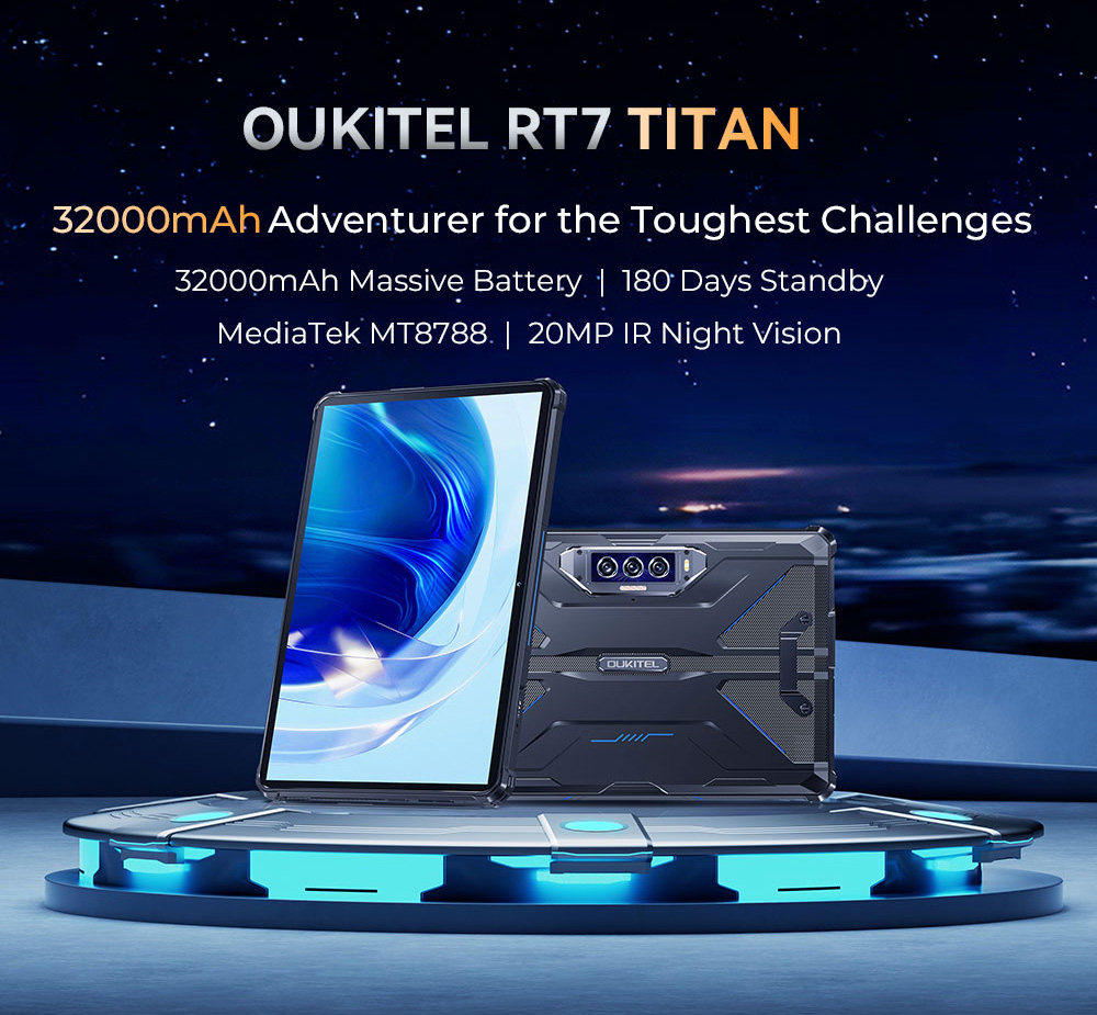 OUKITEL RT7 Titan 4G Rugged Tablet, Android 13, MediaTek MT8788, 10,1'' 1920*1200 IPS Screen, 8GB RAM 256GB ROM, 48MP zadný fotoaparát, Dual-band WiFi Bluetooth 5.2, 32000mAh rýchle 33W nabíjanie, reverzné nabíjanie, pripojenie HDMI, odolný voči vode/prachu/nárazom - modrý