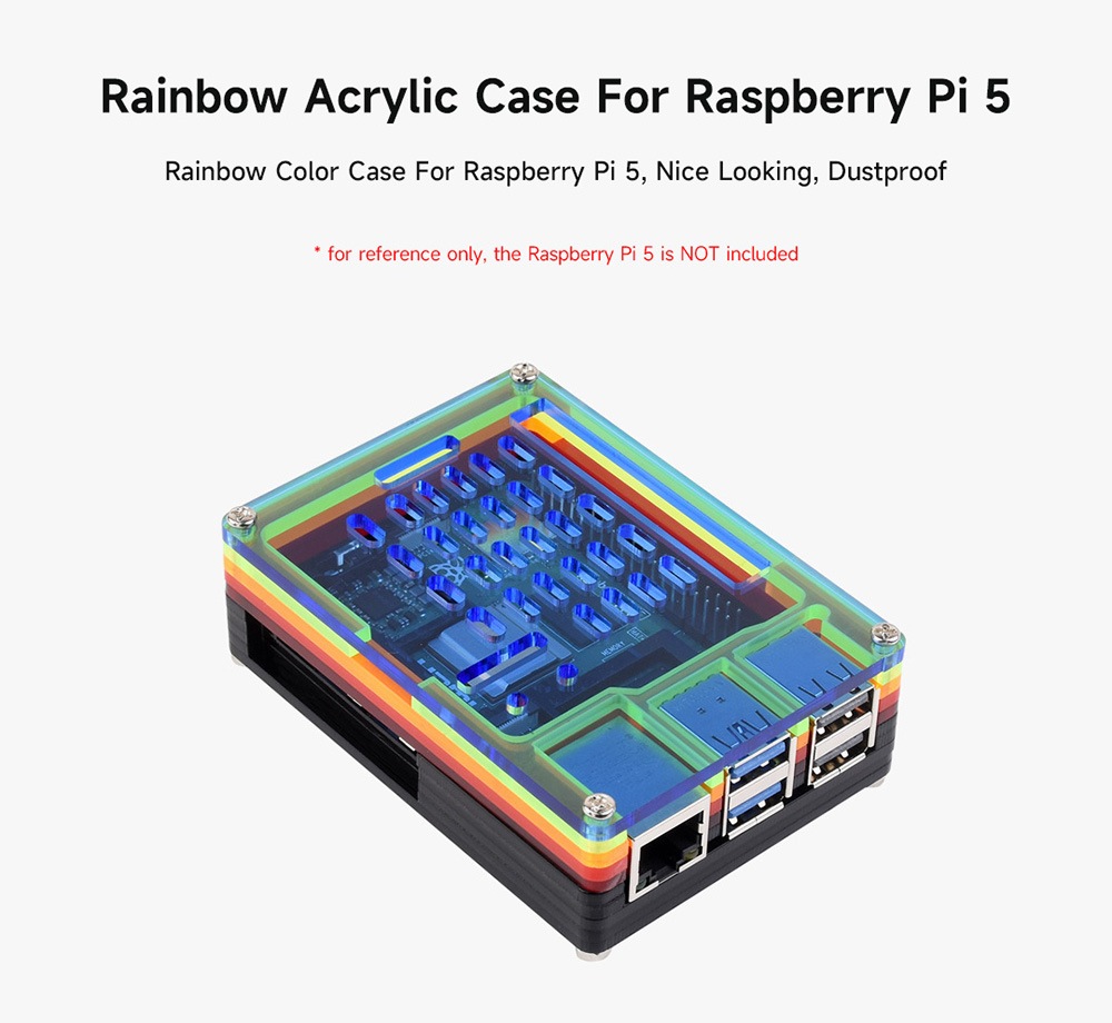 Rainbow Acrylic Case for Raspberry Pi 5, Colorful Translucent, Supports Installing Official Active Cooler