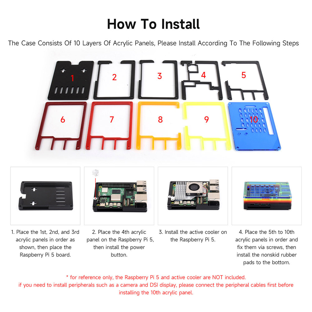 Rainbow Acrylic Case for Raspberry Pi 5, Colorful Translucent, Supports Installing Official Active Cooler