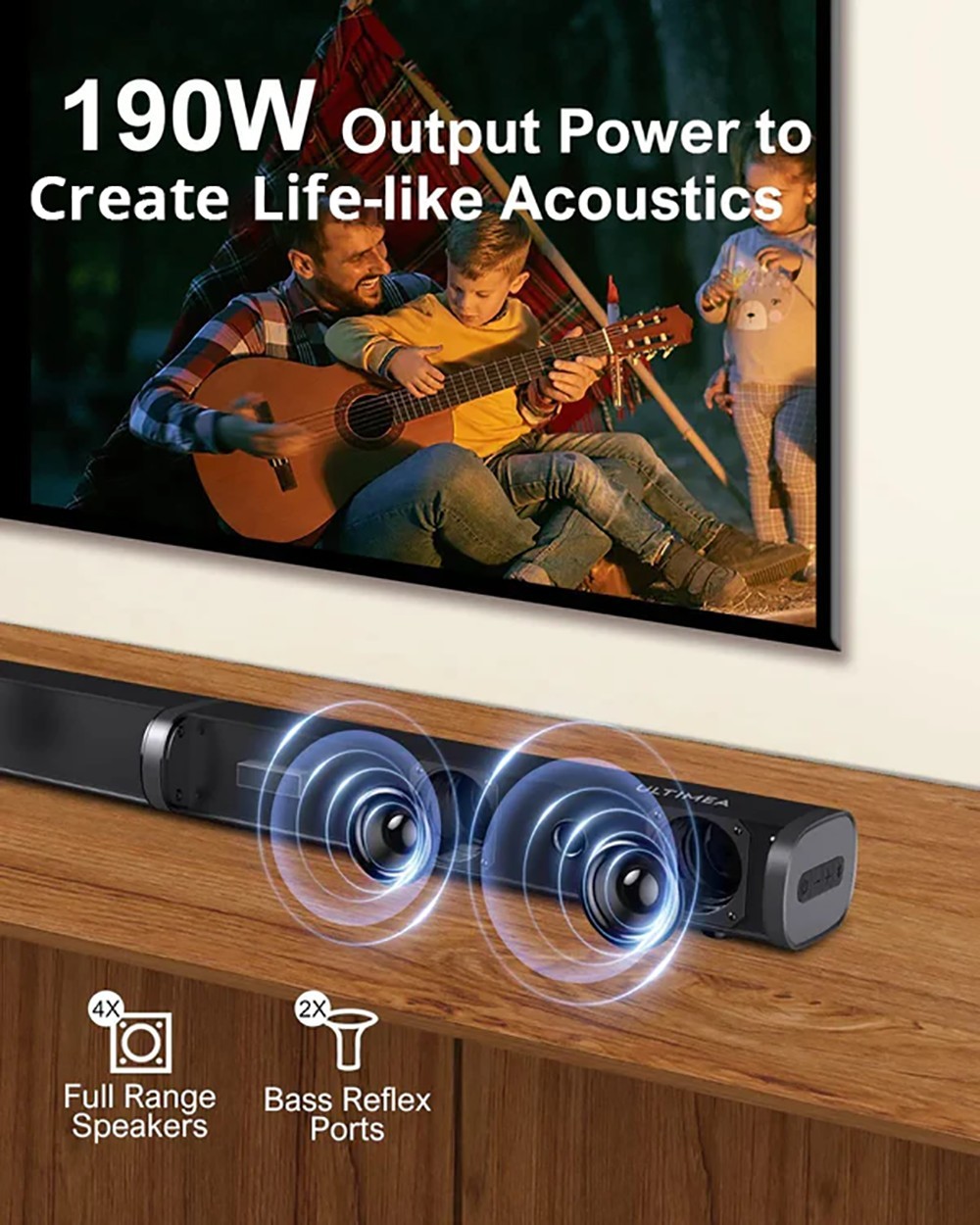 Ultimea Tapio VII 2.1 Kabelgebundene Soundbar f&uuml;r TV-Ger&auml;te, 190 W 2.1 Soundbar mit Subwoofer, 6 EQ-Modi, Bluetooth 5.0, Schwarz