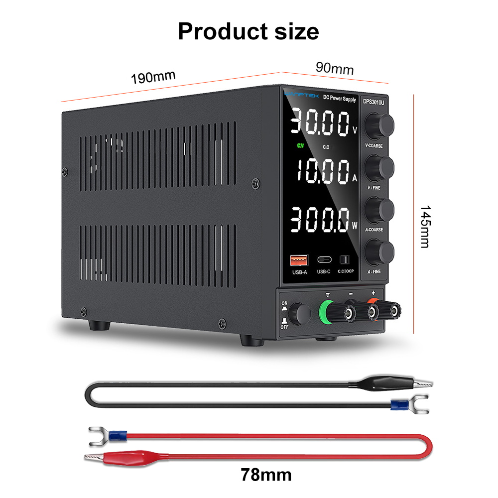 WANPTEK DPS3010U Solid-state Adjustable Regulated DC Power Supply, 30V 10A, Encoder Adjustment, USB Type-C Fast Charge, 4-Digit Display, Low Ripple, Low Noise, Cooling Fan Black - EU Plug