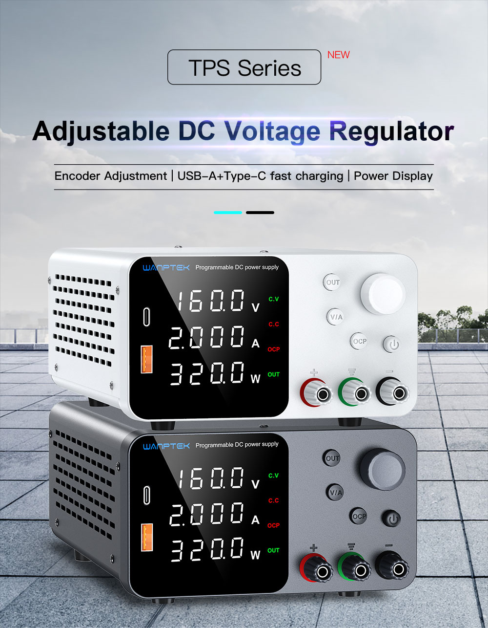 WANPTEK TPS1602 Adjustable Regulated DC Power Supply, 160V 2A, Encoder Adjustment, USB Type-C Fast Charging, 4-Digit Display, Low Noise, A/V Switching, Cooling Fan Black - EU Plug