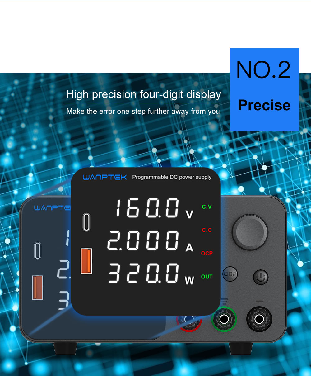 WANPTEK TPS1602 Adjustable Regulated DC Power Supply, 160V 2A, Encoder Adjustment, USB Type-C Fast Charging, 4-Digit Display, Low Noise, A/V Switching, Cooling Fan Black - EU Plug