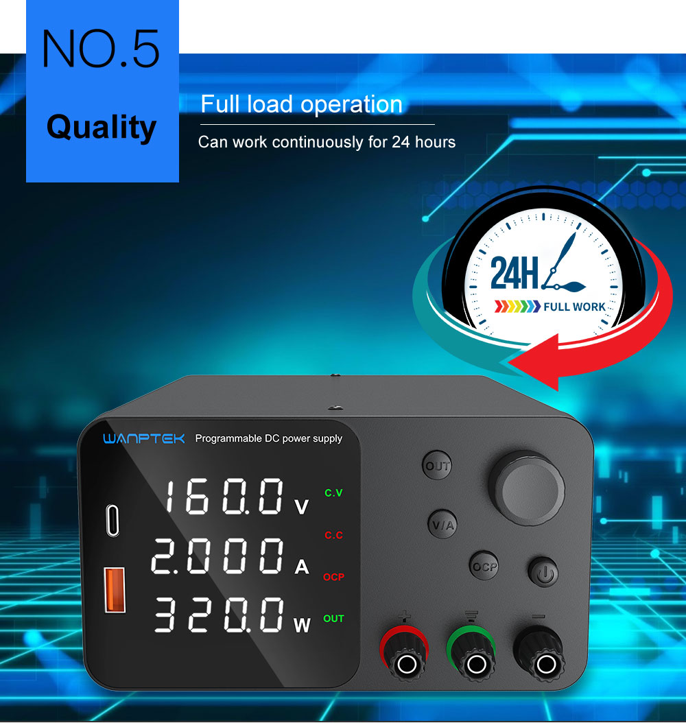 WANPTEK TPS1602 Adjustable Regulated DC Power Supply, 160V 2A, Encoder Adjustment, USB Type-C Fast Charging, 4-Digit Display, Low Noise, A/V Switching, Cooling Fan Black - EU Plug