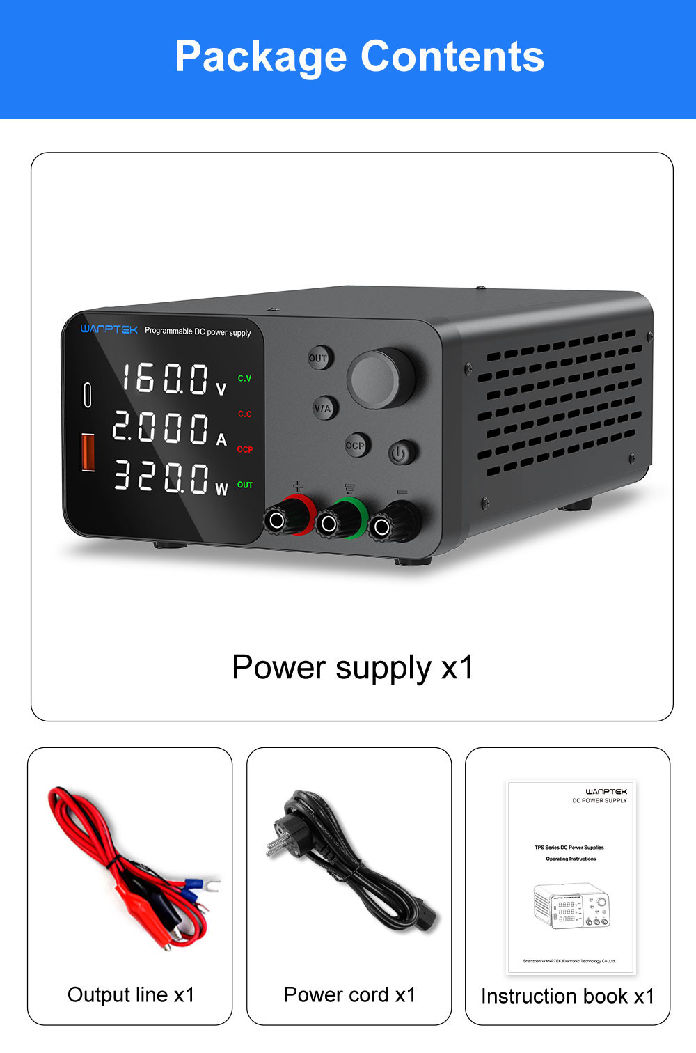 WANPTEK TPS1602 Adjustable Regulated DC Power Supply, 160V 2A, Encoder Adjustment, USB Type-C Fast Charging, 4-Digit Display, Low Noise, A/V Switching, Cooling Fan Black - US Plug