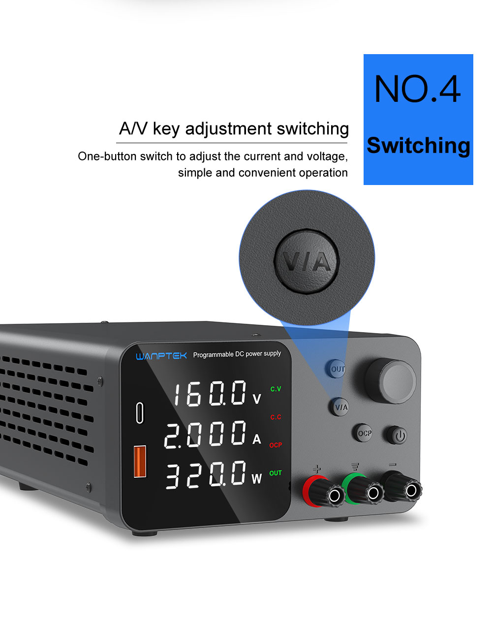 WANPTEK TPS1602 Adjustable Regulated DC Power Supply, 160V 2A, Encoder Adjustment, USB Type-C Fast Charging, 4-Digit Display, Low Noise, A/V Switching, Cooling Fan Black - US Plug