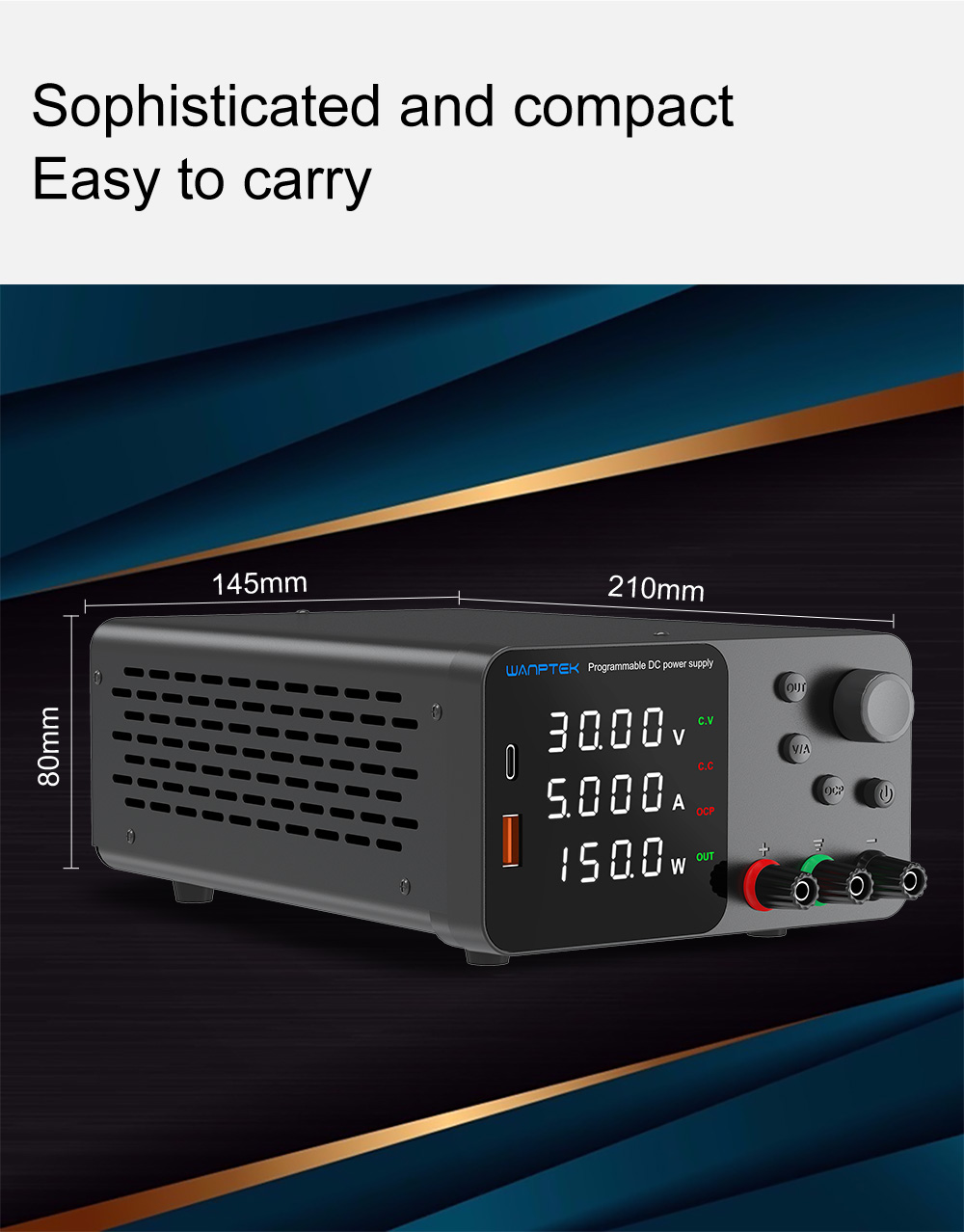 WANPTEK TPS305 Voltage Regulator, High Precision Adjustable DC Power Supply, 30V 5A, USB-A Type-C Fast Charge, 4-Digit Display, Low Noise - Black, EU Plug