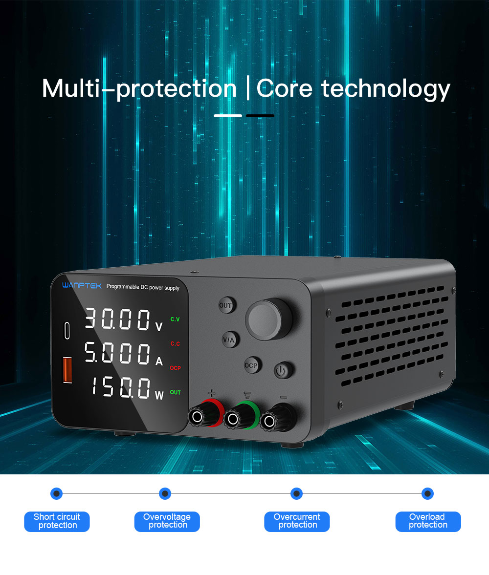 WANPTEK TPS305 Voltage Regulator, High Precision Adjustable DC Power Supply, 30V 5A, USB-A Type-C Fast Charge, 4-Digit Display, Low Noise - Black, EU Plug