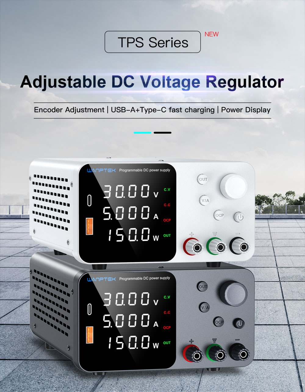 WANPTEK TPS305 Voltage Regulator, High Precision Adjustable DC Power Supply, 30V 5A, USB-A Type-C Fast Charge, 4-Digit Display, Low Noise - White, EU Plug