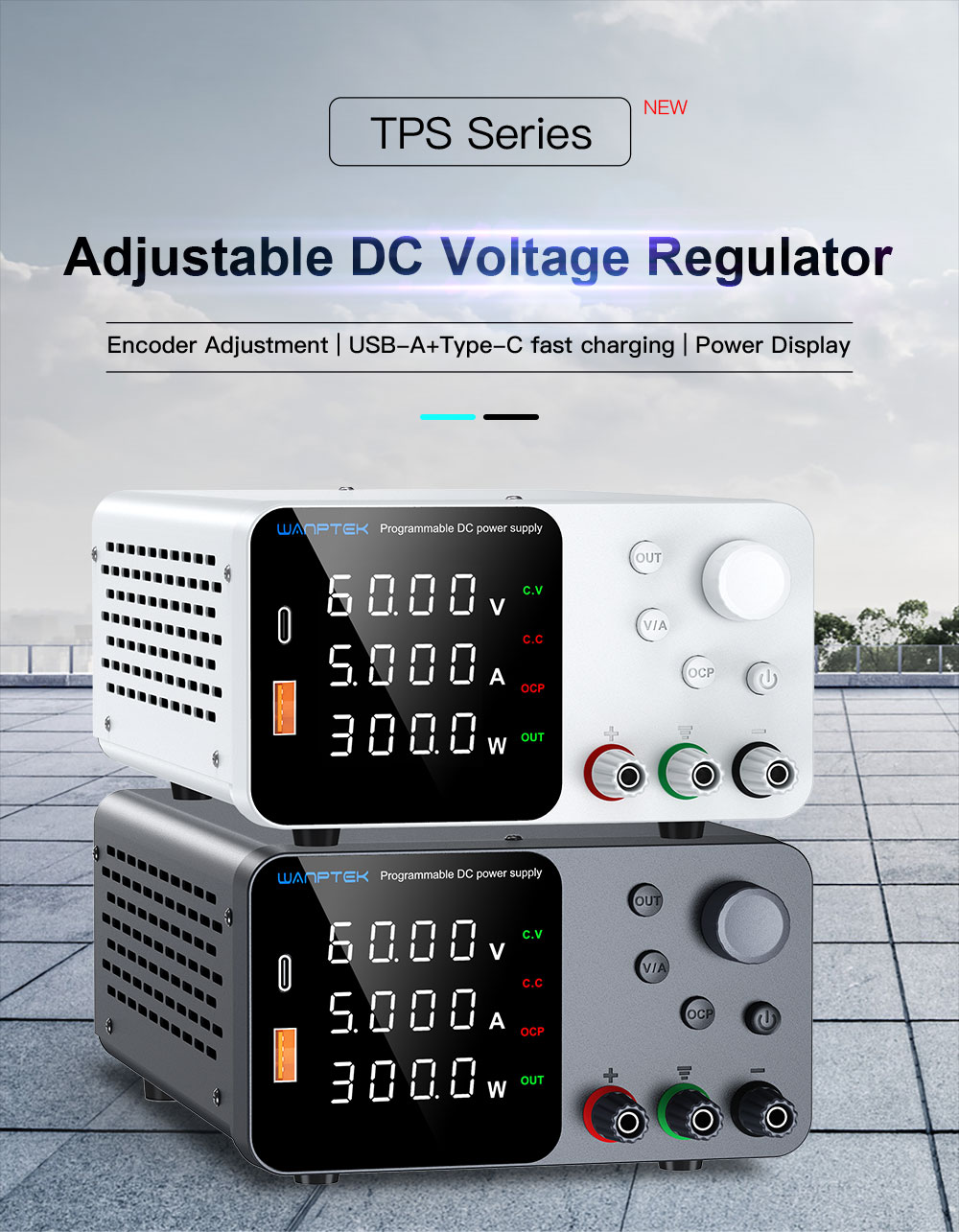 WANPTEK TPS605 Adjustable Regulated DC Power Supply, 60V 5A, Encoder Adjustment, USB Type-C Fast Charging, 4-Digit Display, Low Noise, A/V Switching, Cooling Fan Black - US Plug
