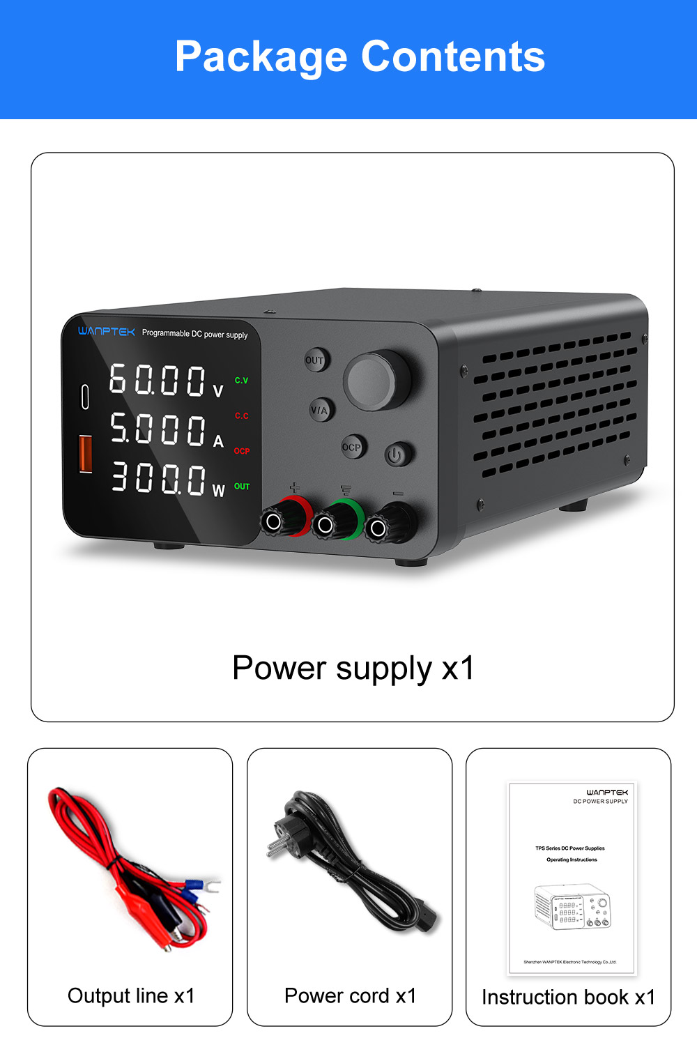 WANPTEK TPS605 Adjustable Regulated DC Power Supply, 60V 5A, Encoder Adjustment, USB Type-C Fast Charging, 4-Digit Display, Low Noise, A/V Switching, Cooling Fan Black - US Plug