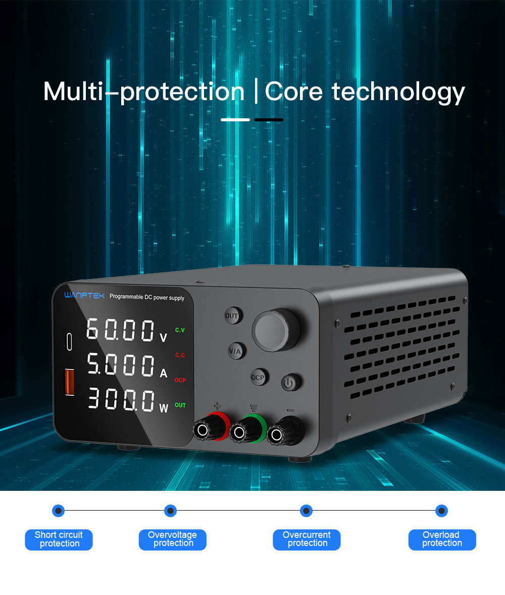 WANPTEK TPS605 Adjustable Regulated DC Power Supply, 60V 5A, Encoder Adjustment, USB Type-C Fast Charging, 4-Digit Display, Low Noise, A/V Switching, Cooling Fan Black - US Plug