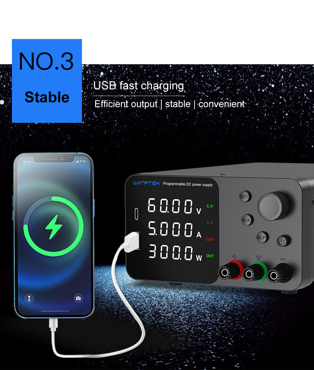 WANPTEK TPS605 Adjustable Regulated DC Power Supply, 60V 5A, Encoder Adjustment, USB Type-C Fast Charging, 4-Digit Display, Low Noise, A/V Switching, Cooling Fan Black - US Plug