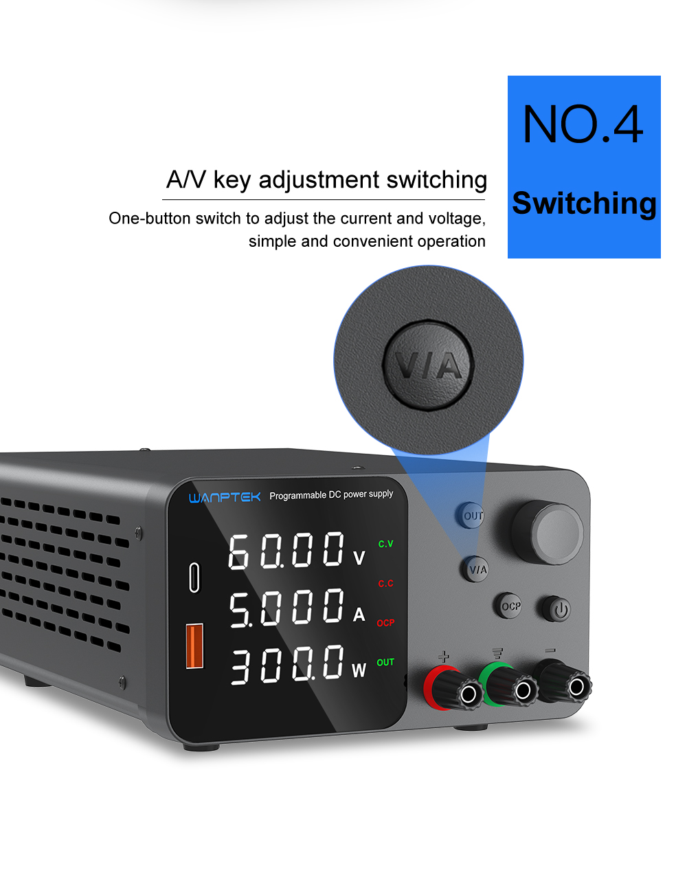 WANPTEK TPS605 Adjustable Regulated DC Power Supply, 60V 5A, Encoder Adjustment, USB Type-C Fast Charging, 4-Digit Display, Low Noise, A/V Switching, Cooling Fan White - US Plug