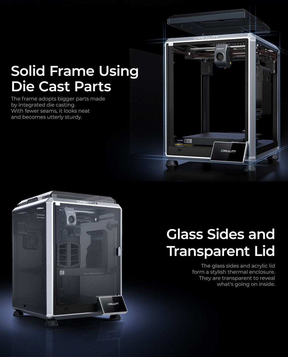 3D tlačiareň Creality K1C, max. rýchlosť 600 mm/s, AI kamera, rýchlo vymeniteľná tryska, celokovový extrudér, tlačí uhlíkové vlákna, vzduchový filter a tichý režim