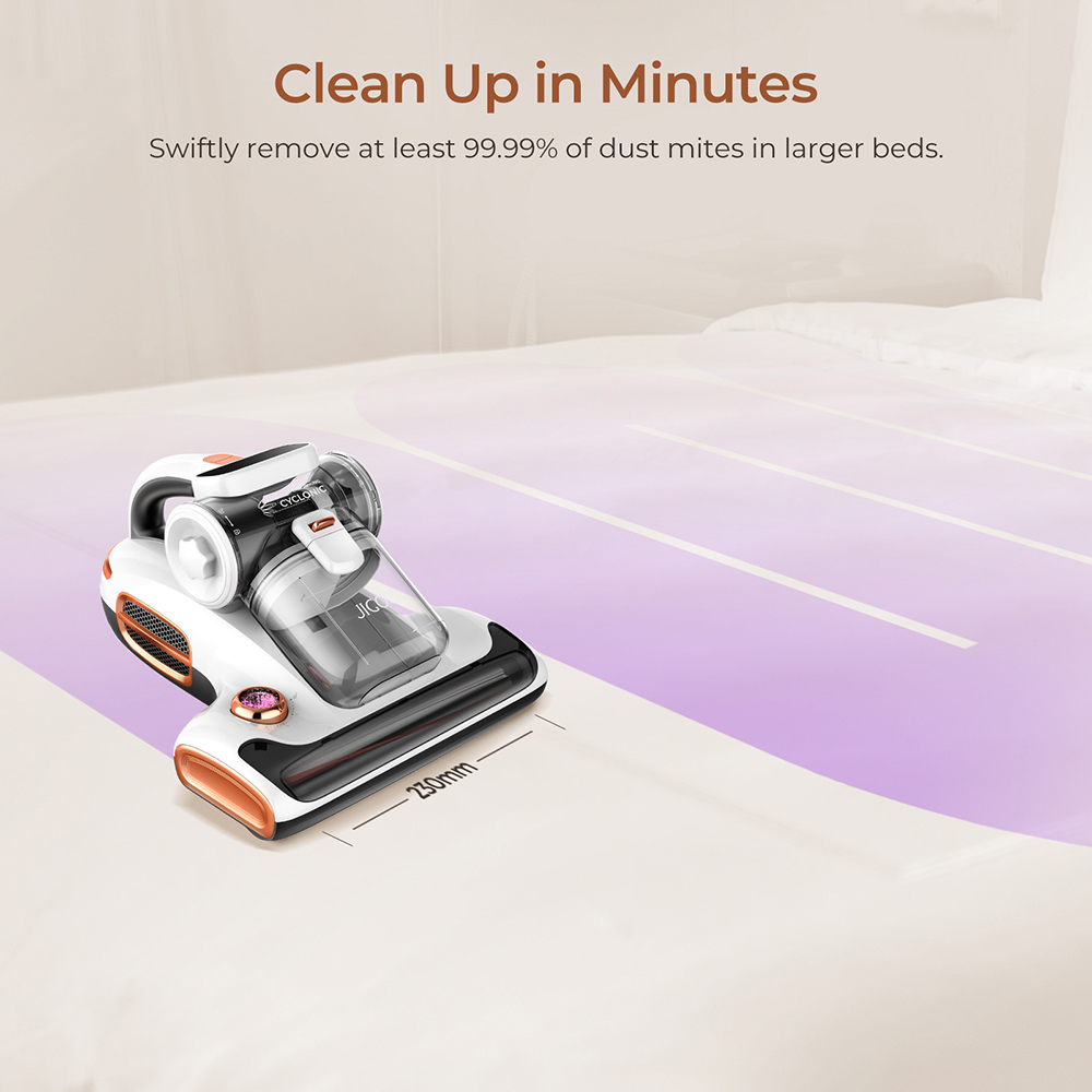 JIGOO T600 Dual-Cup Smart Mite Cleaner Bed Vacuum Cleaner with Aroma-Diffuser System, 700W 15KPa Suction, Dust Mite Sensor, UV Light, Ultrasonic Tech, 99.99% Mites Removal, US Plug - White