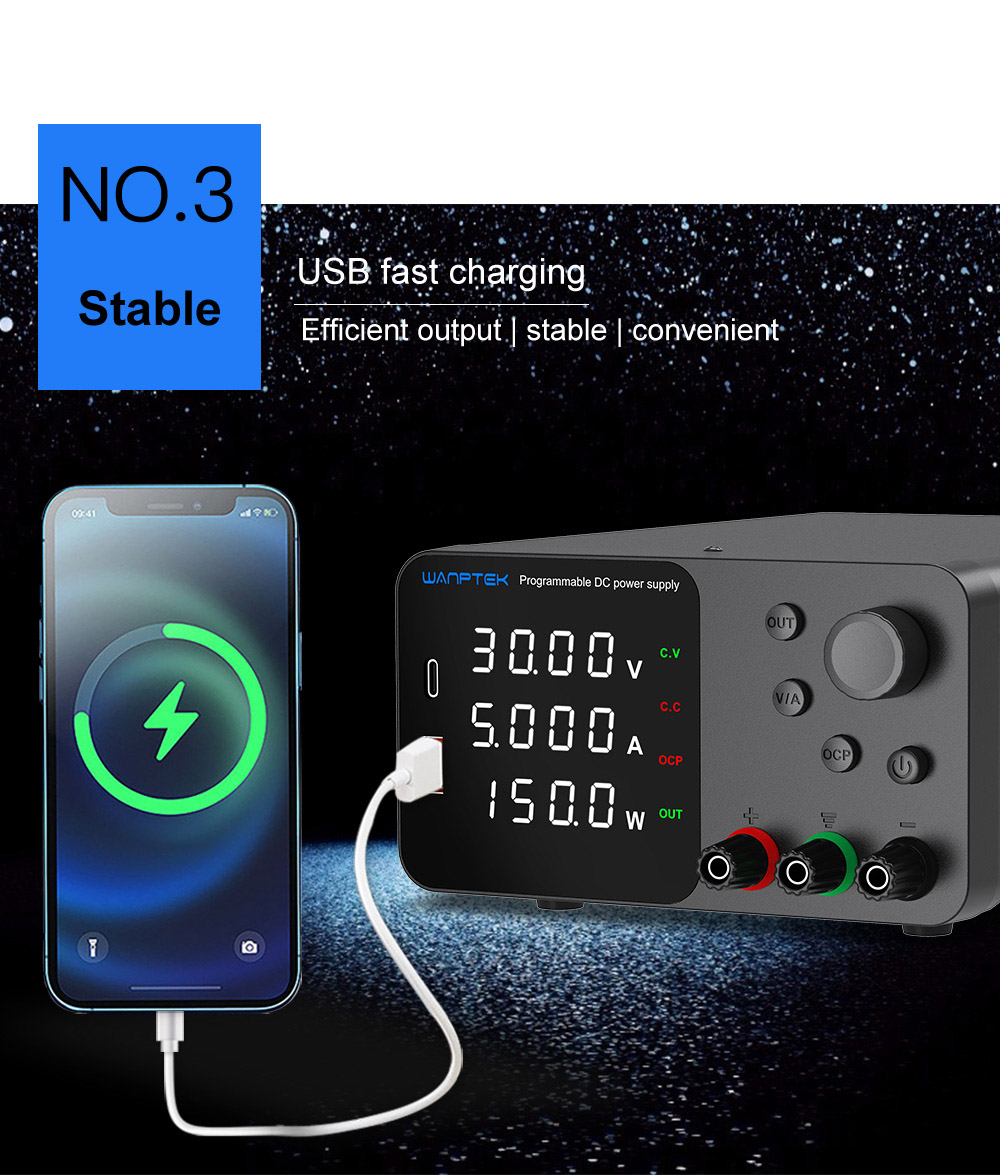 WANPTEK TPS305 Adjustable Regulated DC Power Supply, 30V 5A, Encoder Adjustment, USB Type-C Fast Charge, 4-Digit Display, Low Noise, A/V Switching, Cooling Fan Black - EU Plug