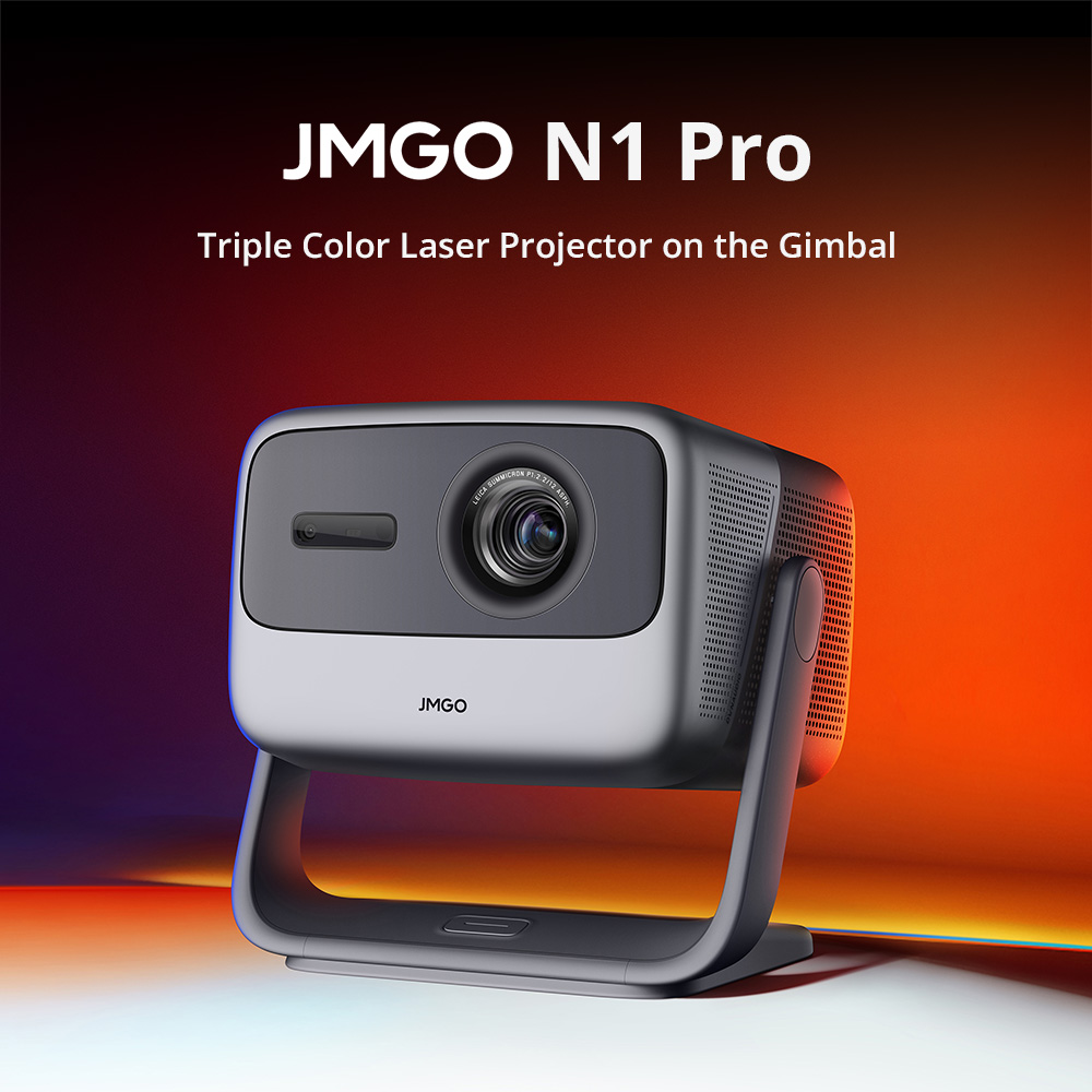 JMGO N1 Pro 1080P Triple Laser Projector with Flexible Gimbal Adjustment, 4K Decoding Supported, 1500 CVIA Lumens, Instant Keystone Correction, 10W*2 Dynaudio Speakers - EU Plug