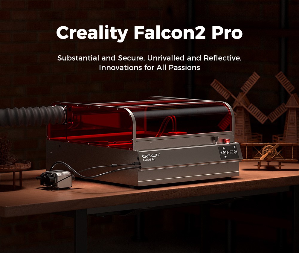 Creality Falcon2 Pro 40W laserová gravírovacia fréza, certifikát bezpečnosti FDA Class1, dymový výfuk, integrovaný vzduchový asistent, vstavaná kamera, ochranný pás typu plot, monitorovanie požiaru / prúdenia vzduchu / objektívu, 400*415mm