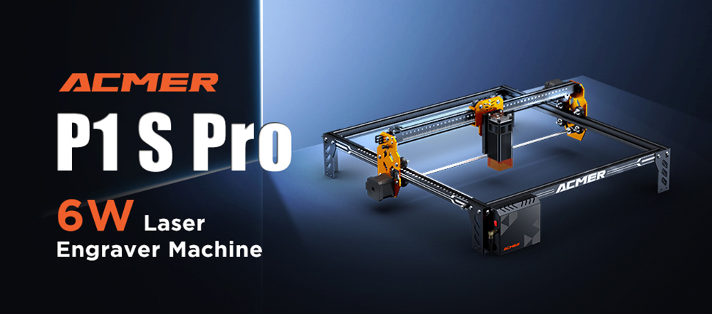 ACMER P1 S Pro Laserový gravírovací stroj, výstupný výkon 6 W, maximálna rýchlosť tlače 10000 mm/min, laserový bod zaostrenia 0,06 mm, 0.01mm presnosť, štvorkolesová konštrukcia, 380x370mm