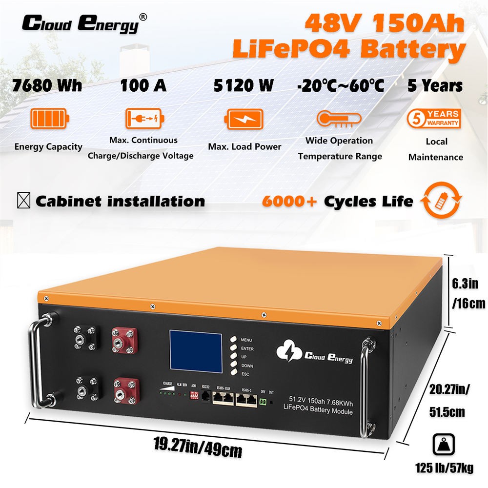 Cloudenergy 48V 150Ah skrinkový lítiový akumulátor typu LiFePO4, energia 7680Wh, 6000+ životných cyklov
